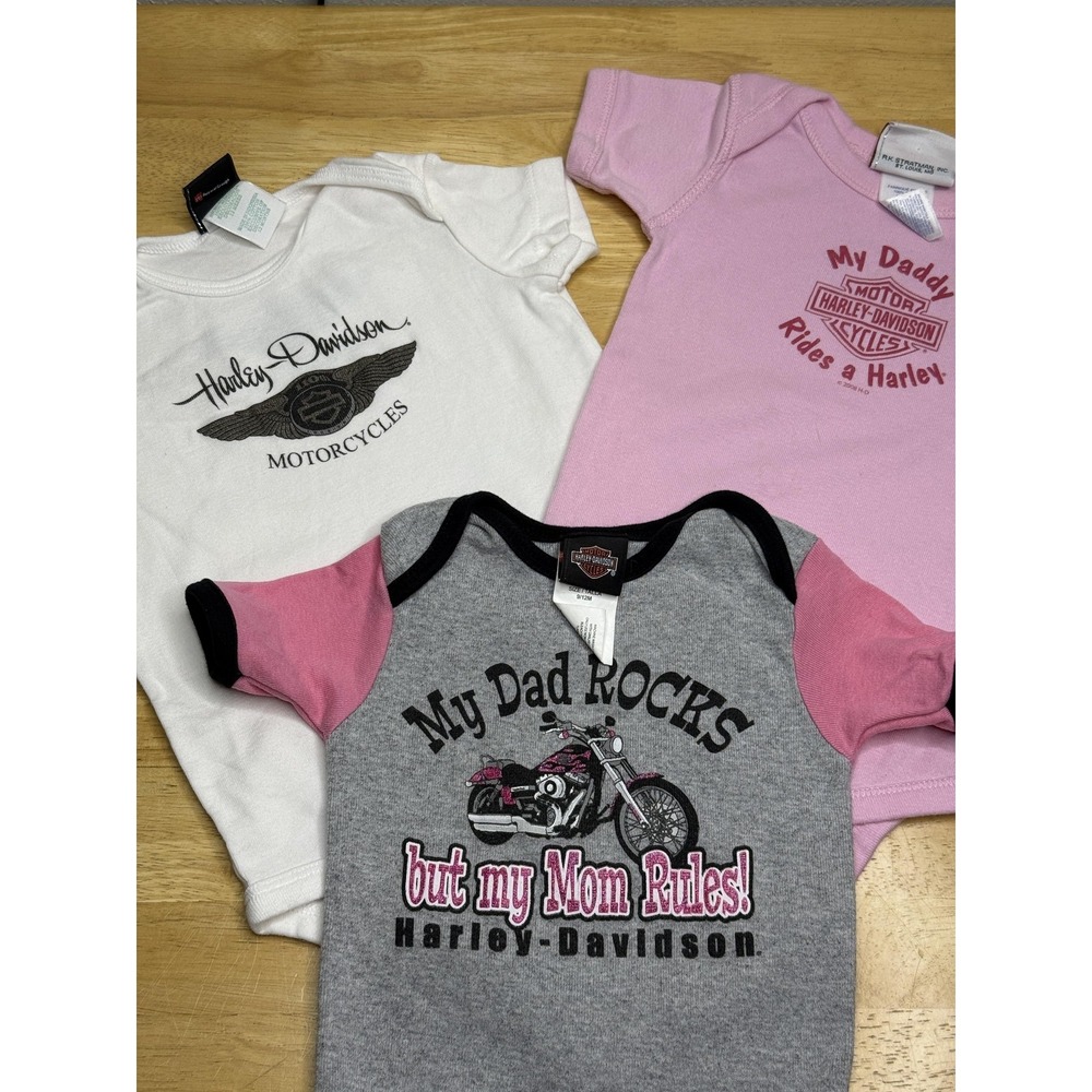 Harley-Davidson Romper Lot Girls 9-12 Months Pink Motorcycle Bodysuit 3 Piece